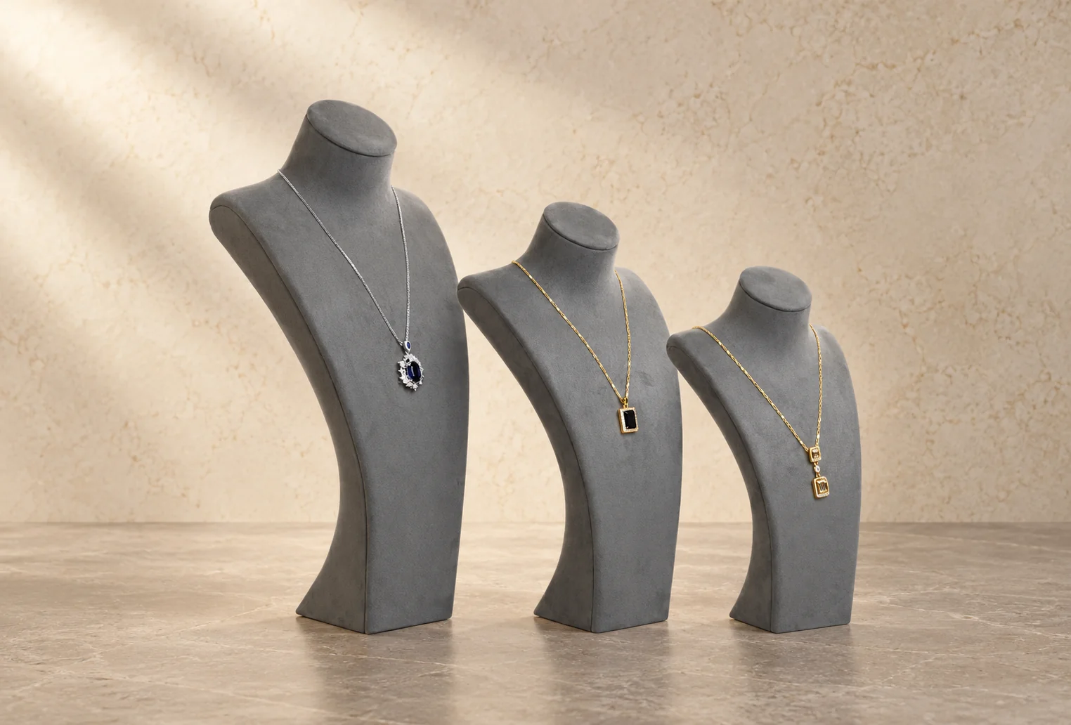Grey necklace busts jewelry display, GC CRAFTS