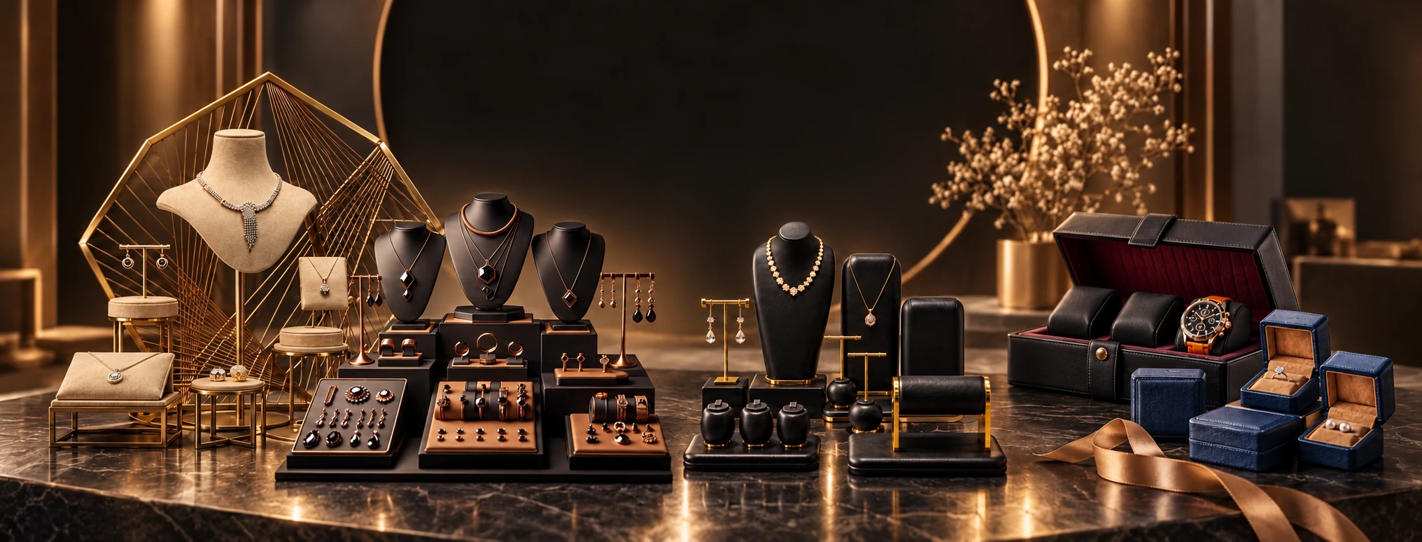 Jewelry displays and packaging on a dark marble counter in warm bronze light