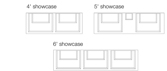Beveled platforms 4, 5 and 6 foot showcase arrangement diagrams